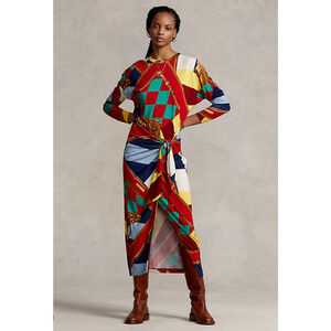 Polo Ralph Lauren Womens Scarf Print Long Sleeve Wrap Dress Size XXL Equestrian